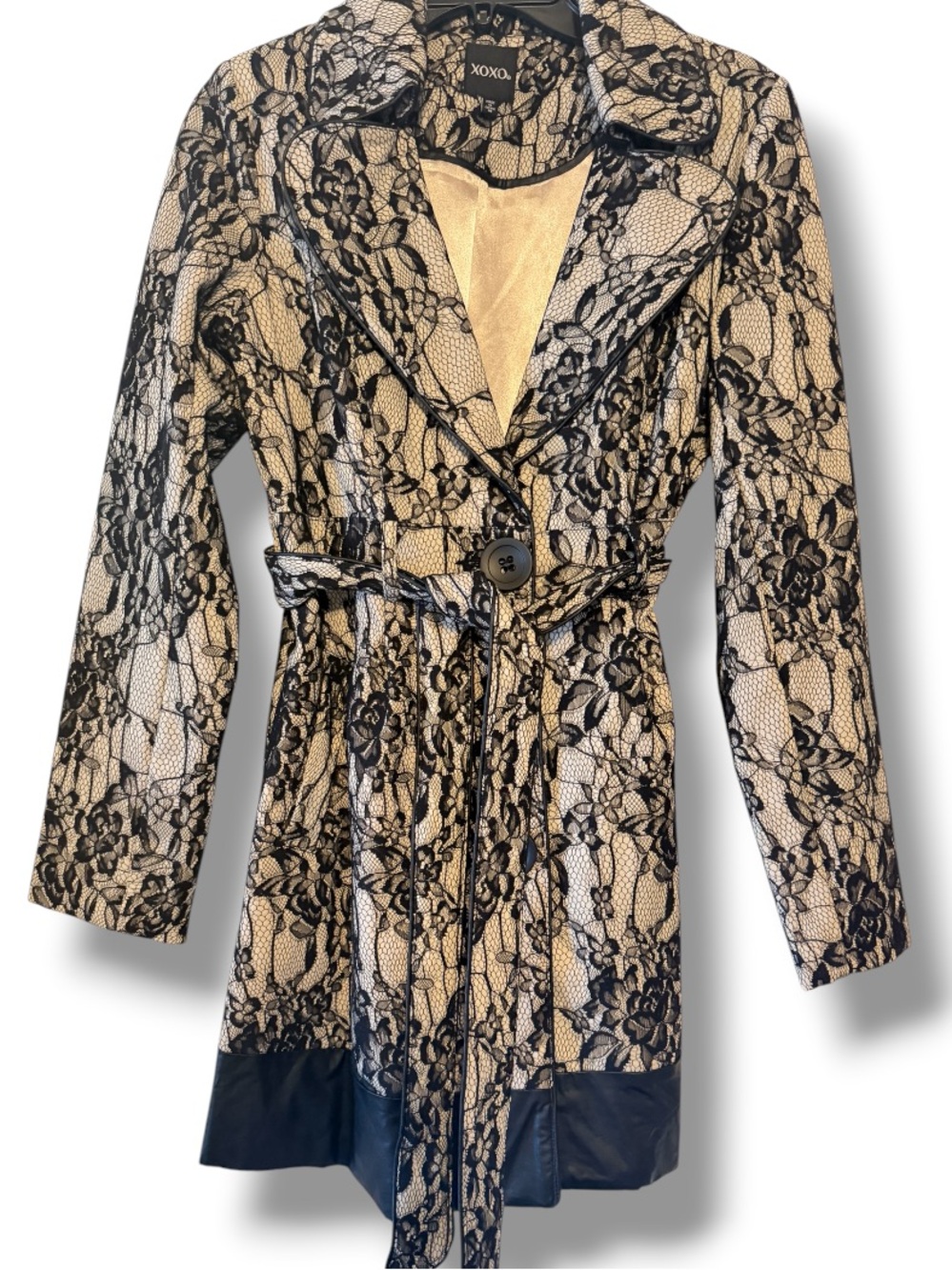 XOXO Women’s Parisian Chic Black Detail Lace Overlay Champagne Trench Coat Y2K